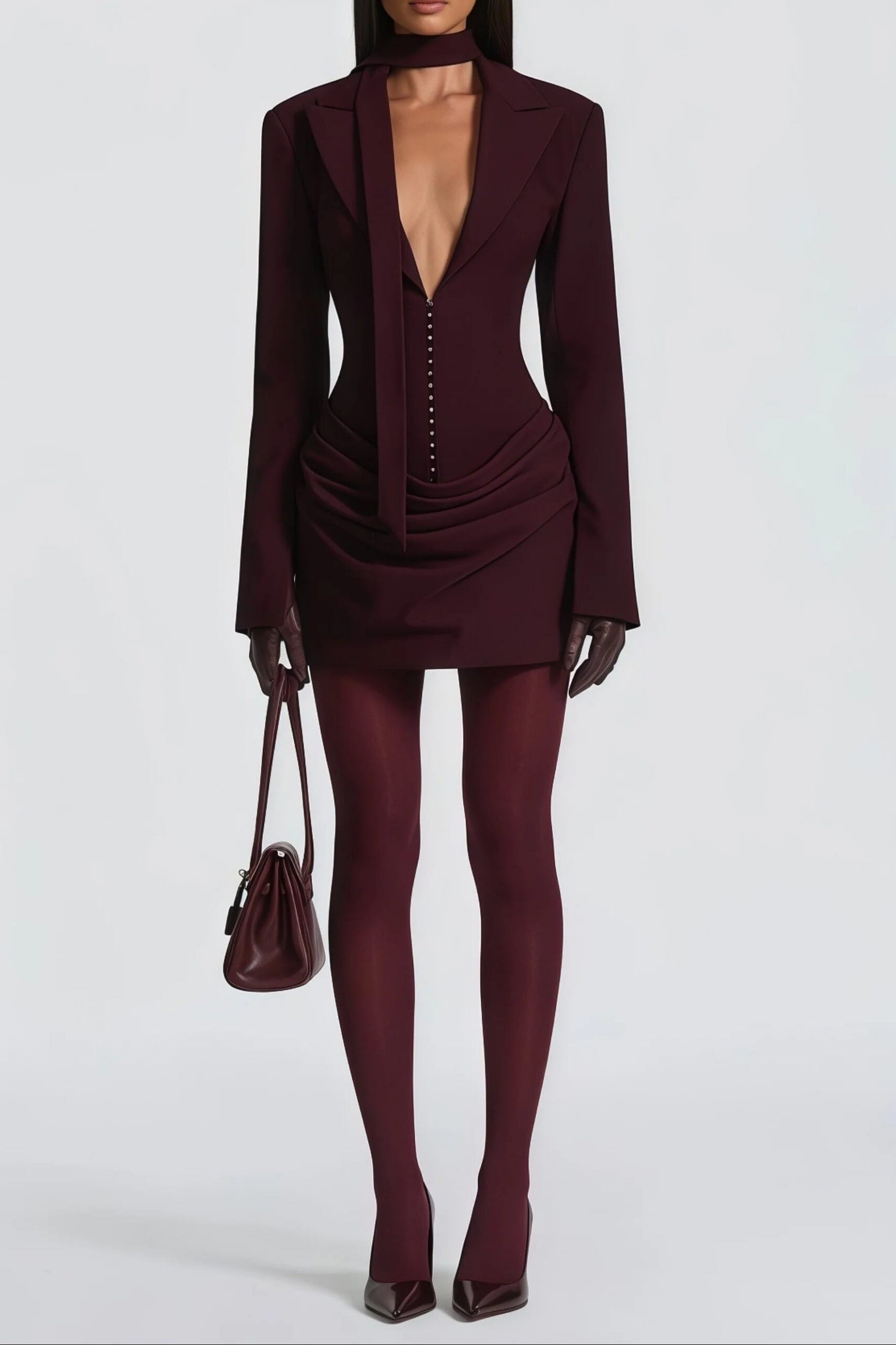 AMELIA V-NECK RUCHED BLAZER MINI DRESS IN WINE RED