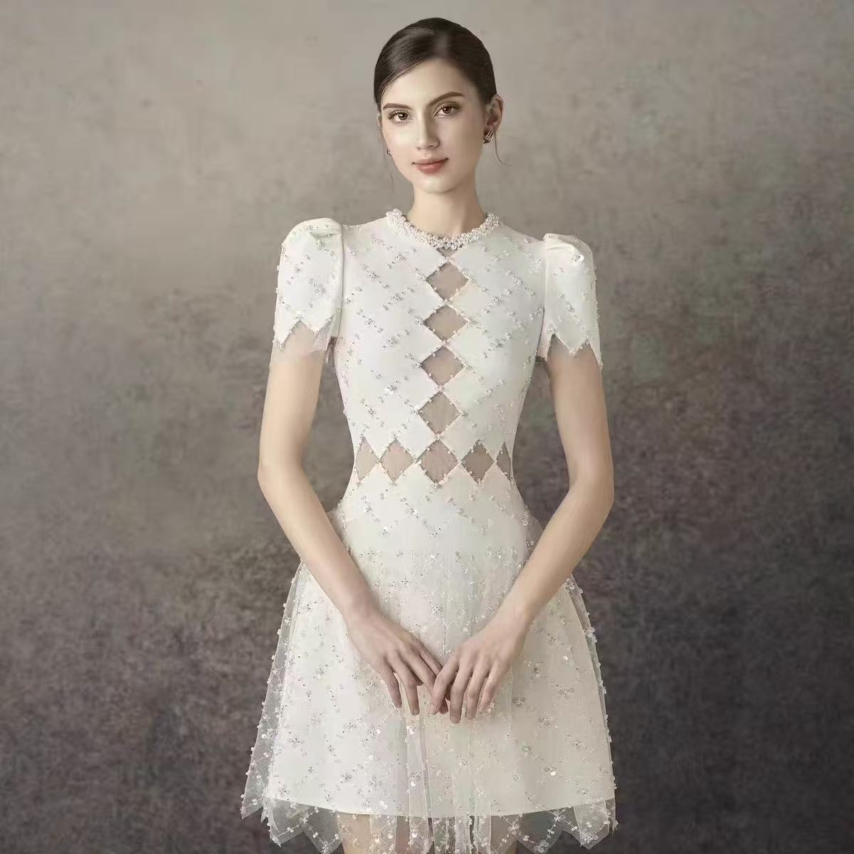 HENRIETTA IVORY SEQUIN MINI DRESS MESH PANEL