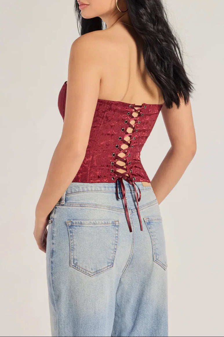 BURGUNDY BROCADE SATIN STRAPLESS CORSET TOP FOR PARTY