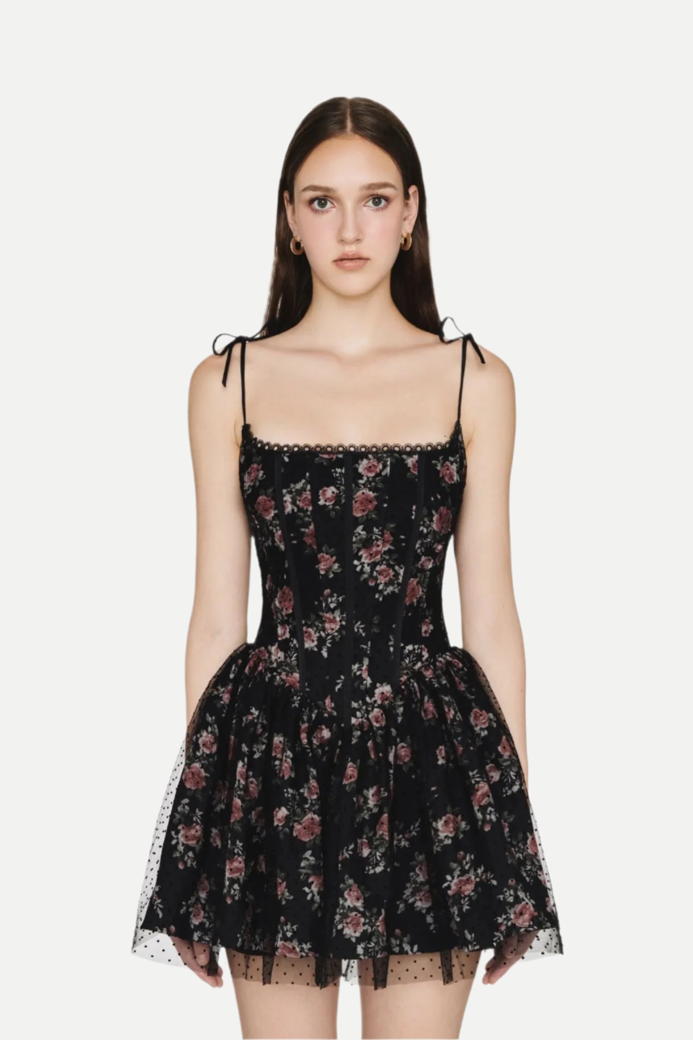 JUBIN FISHBONE MESH MINI DRESS BLACK
