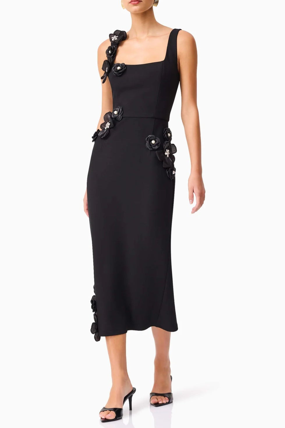 SABRINA 3D FLOWER BLACK MIDI DRESS FOR WEDDING