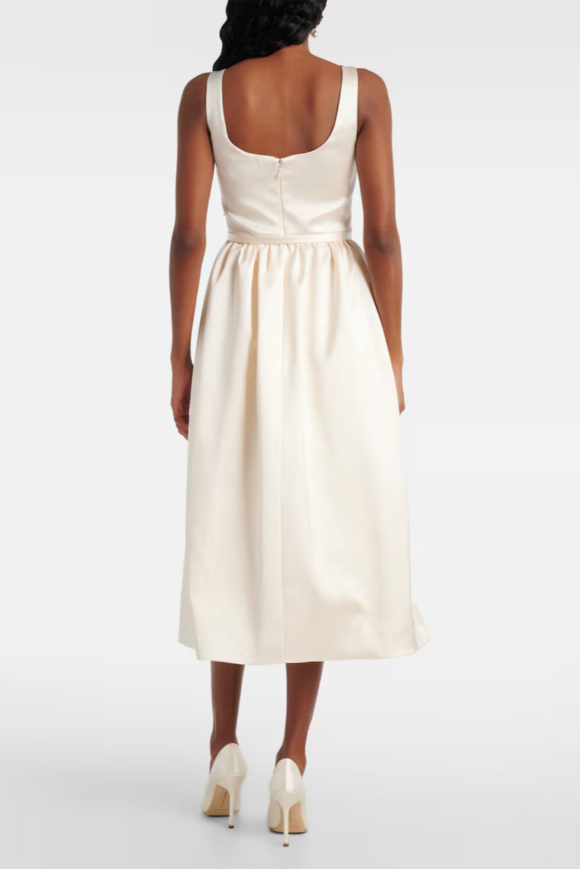 POLLY FLORAL APPLIQUÉ SATIN MIDI DRESS IVORY WEDDING GUEST