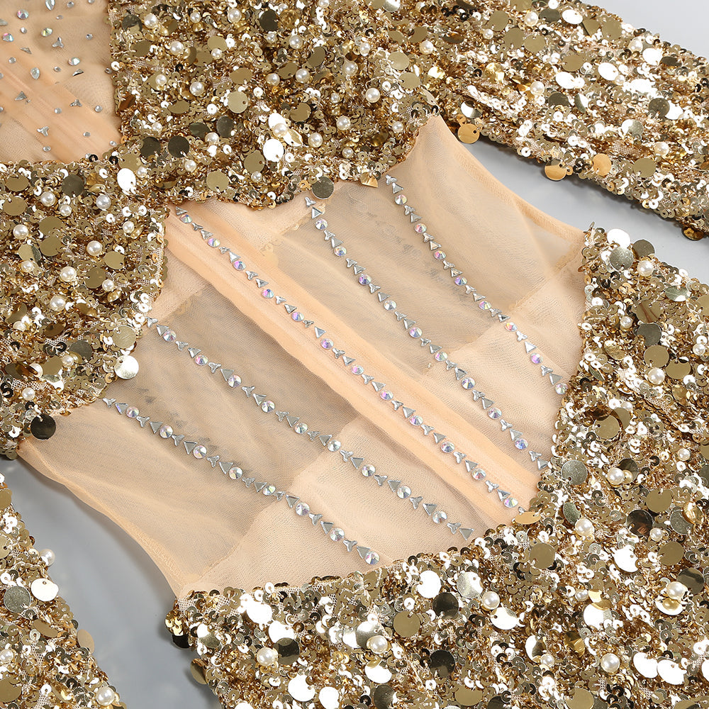 GOLD SEQUIN MAXI DRESS FOR HOLIDAY PARTIES