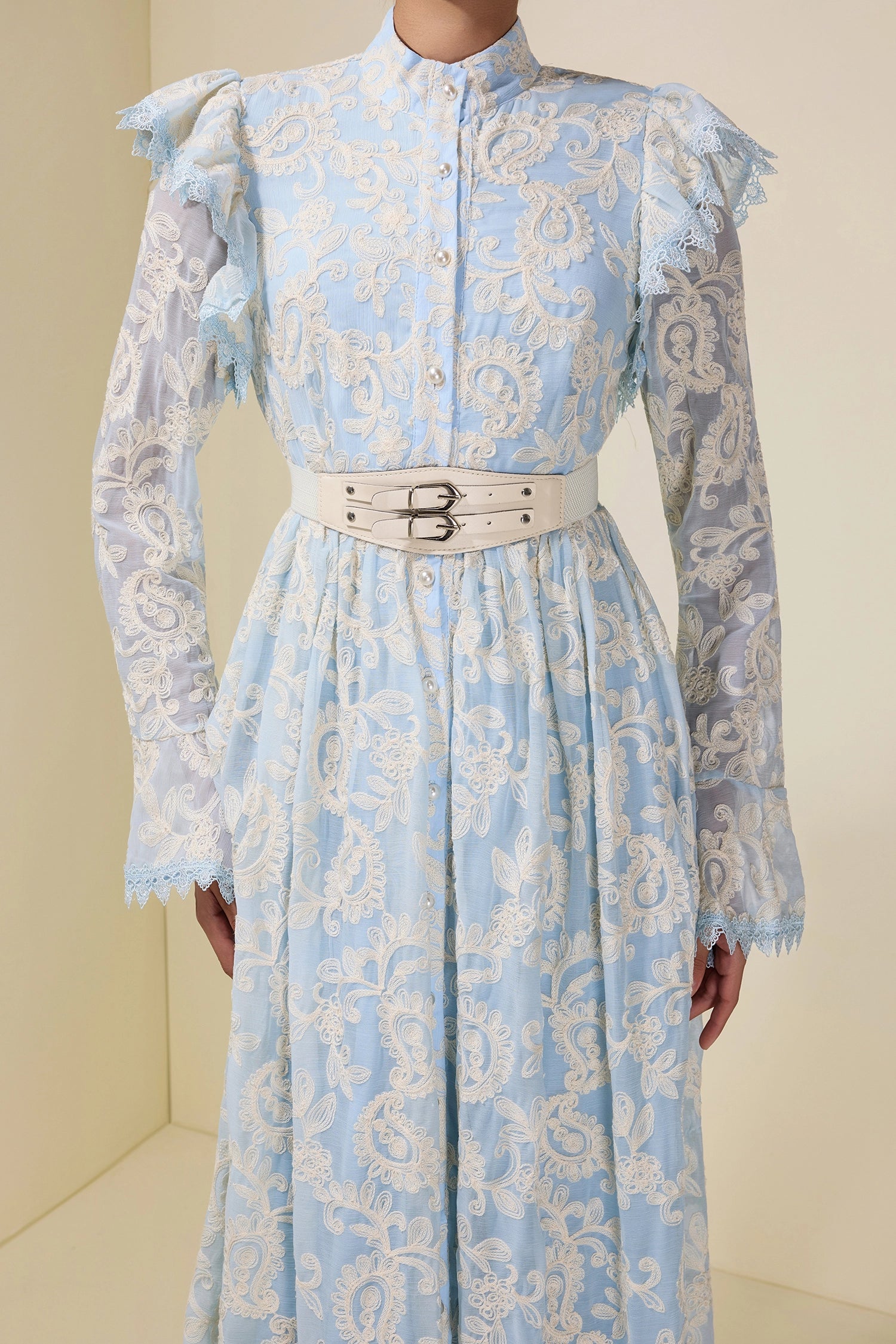 ALMA EMBROIDERED MIDI DRESS WITH BELT - BLUE