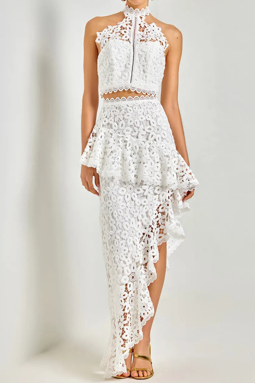 WHITE LACE SLEEVELESS TOP IRREGULAR SKIRT SET FOR PARTY