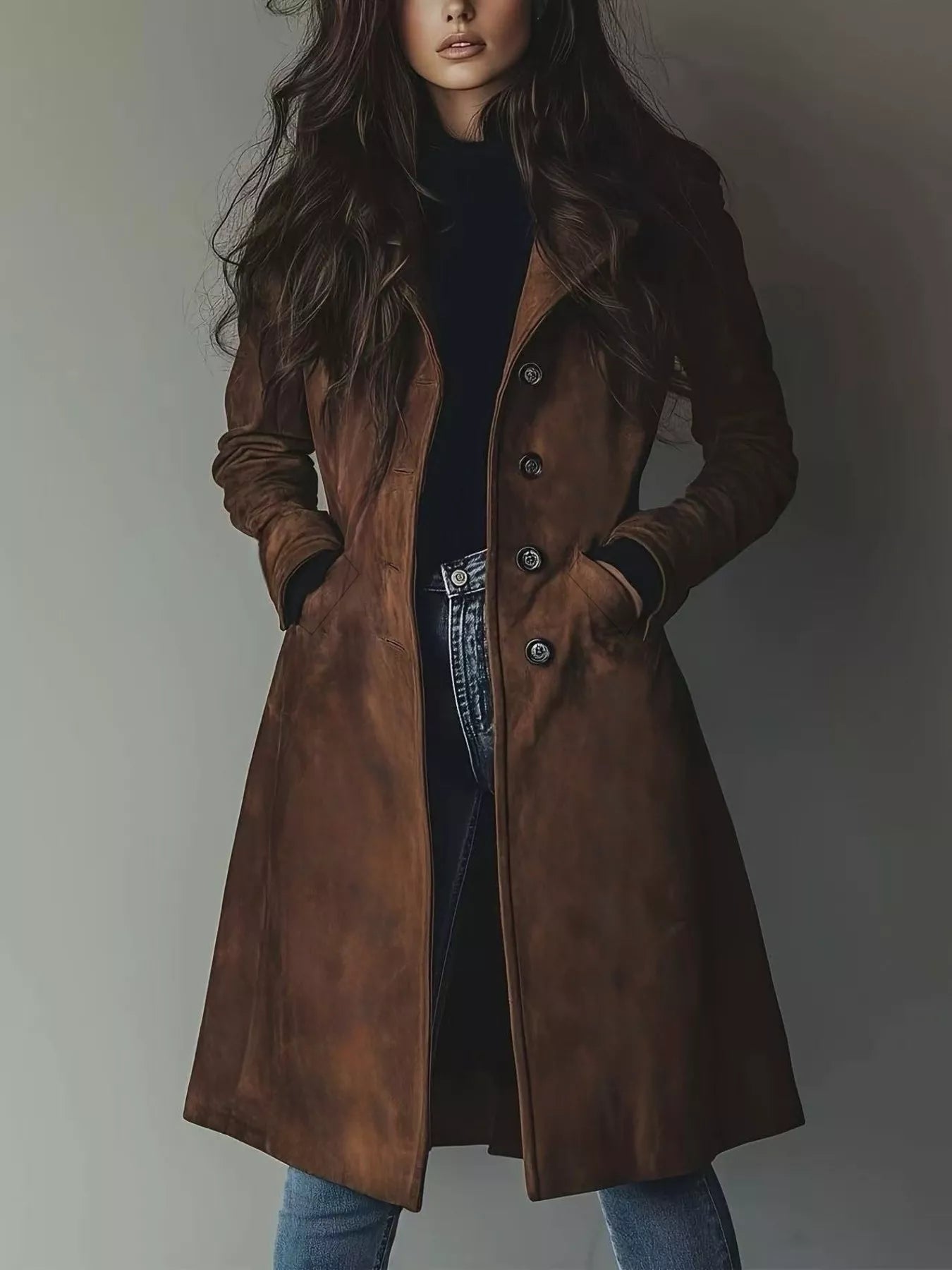 CLASSIC LONG TRENCH COAT, BUTTON FRONT, WORK STYLE