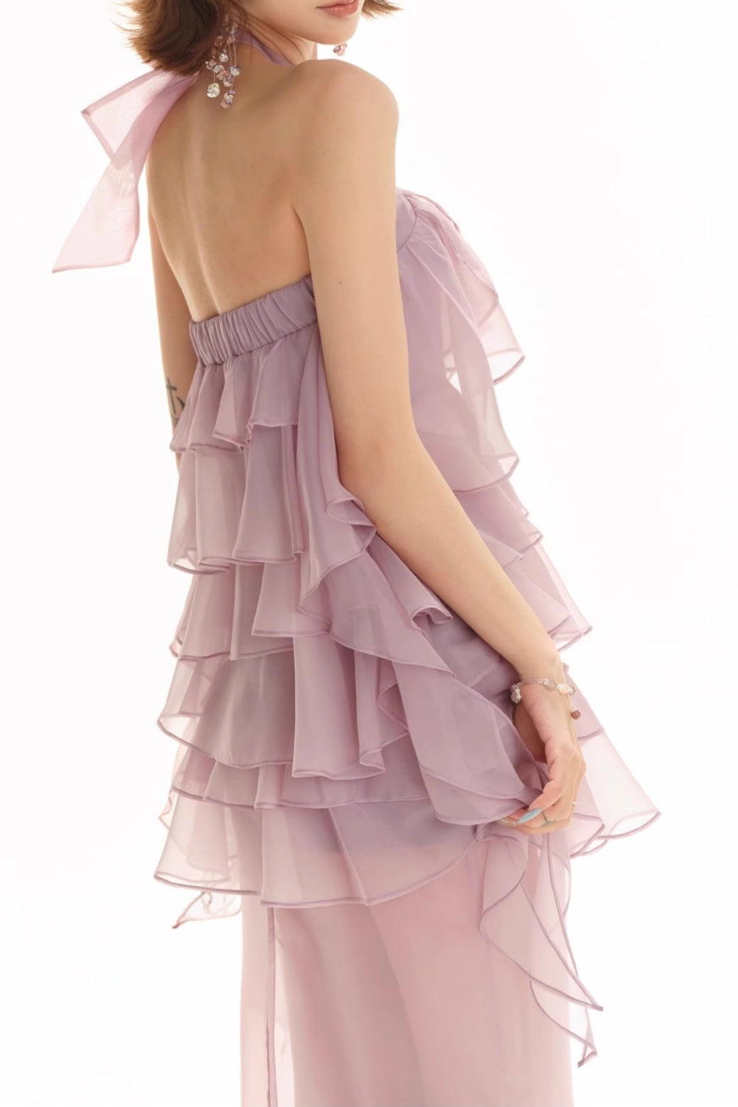 BACKLESS RUFFLE SLIT MAXI DRESS FOR EVENING IN LILAC