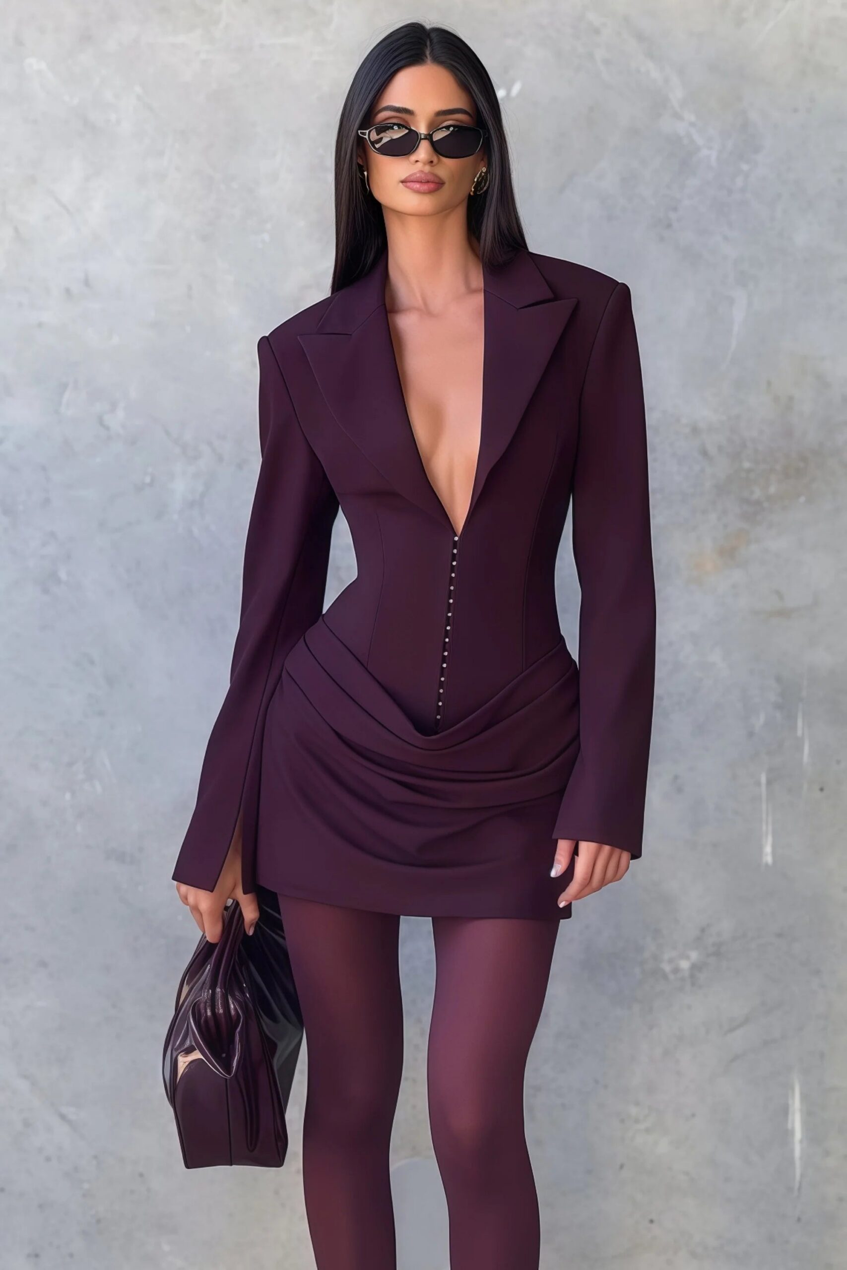 AMELIA V-NECK RUCHED BLAZER MINI DRESS IN WINE RED