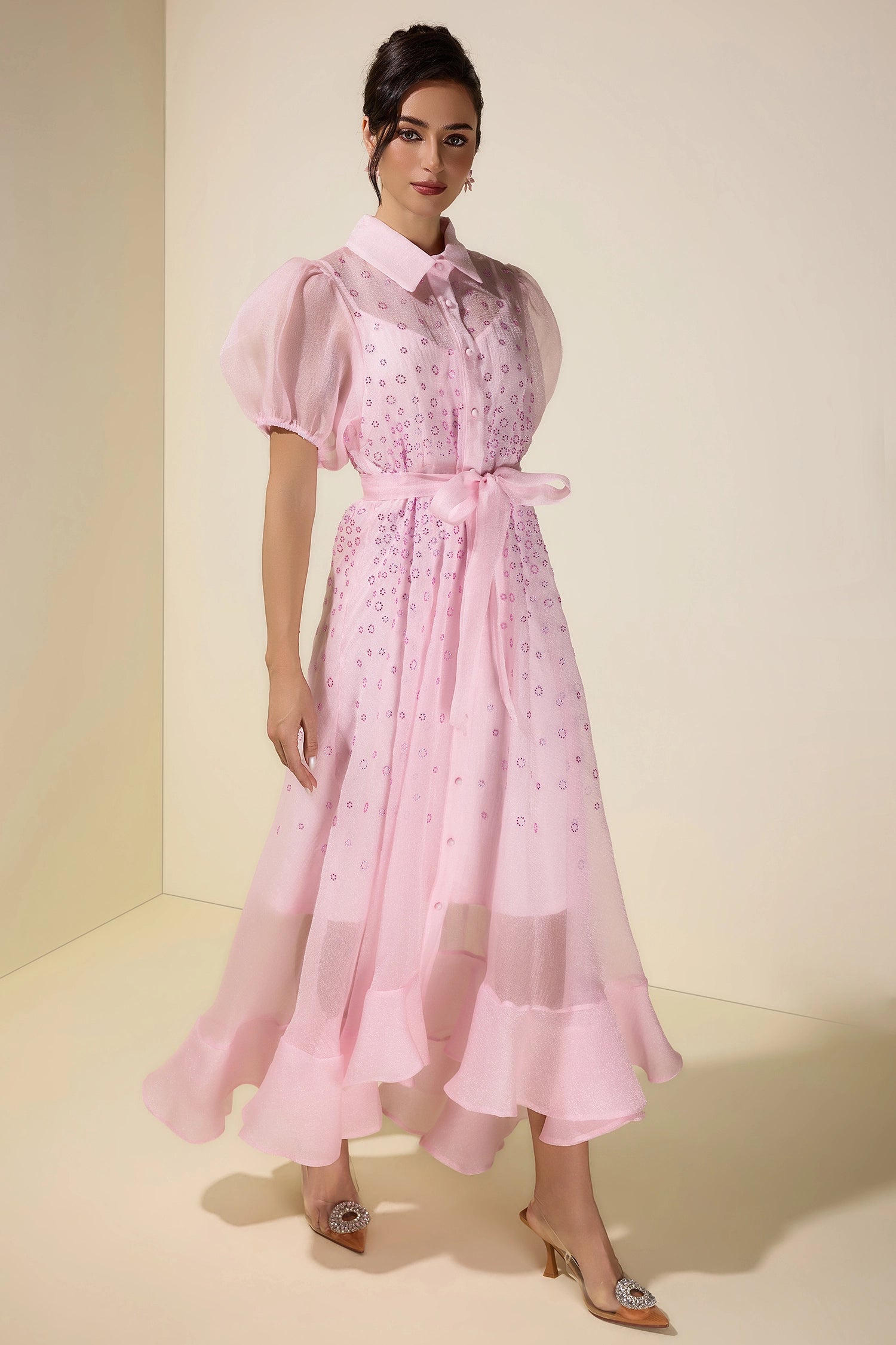 SYLVIA RHINESTONE PUFF SLEEVE MAXI DRESS - PINK