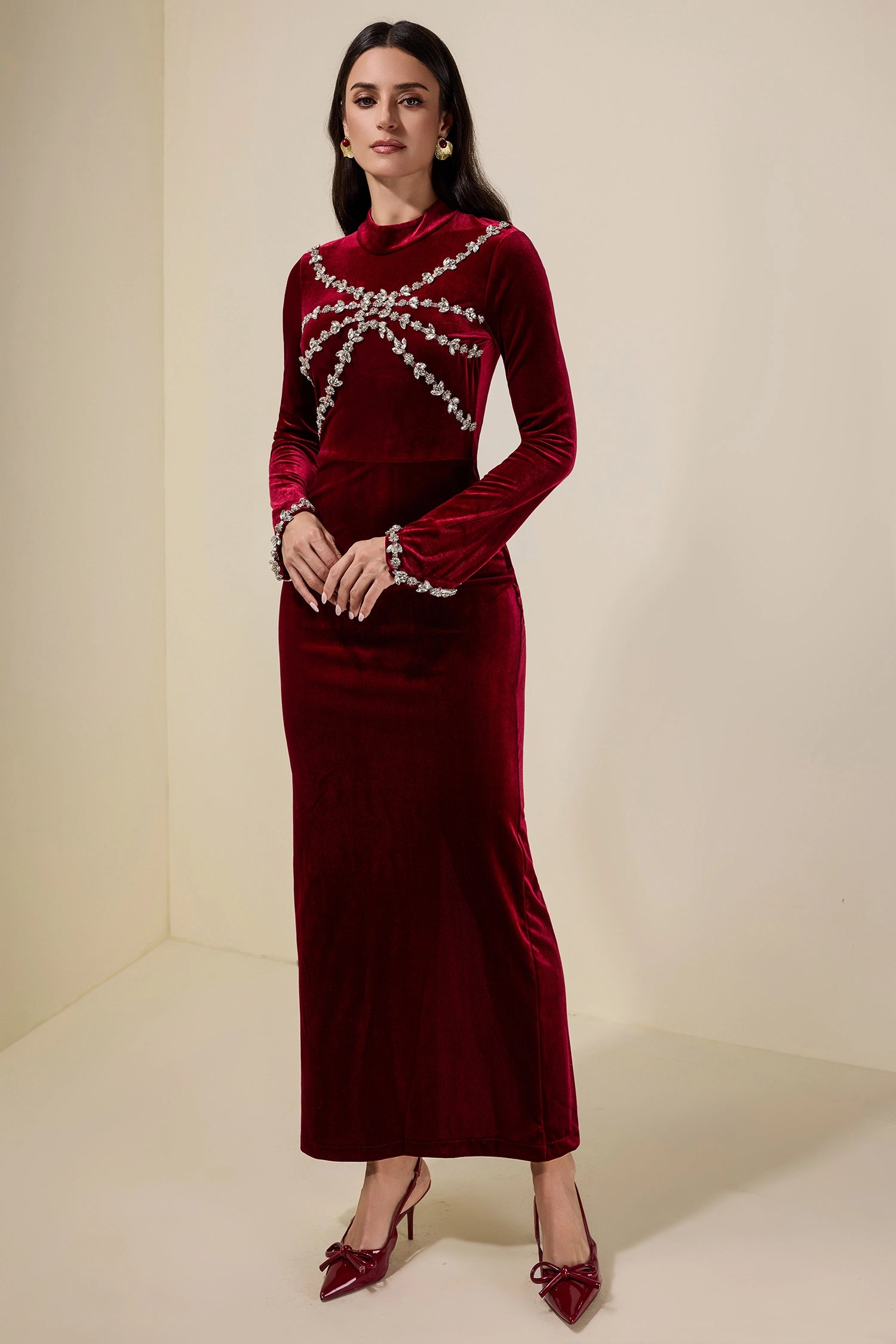 HILARY VELVET RHINESTONE MAXI DRESS - BURGUNDY
