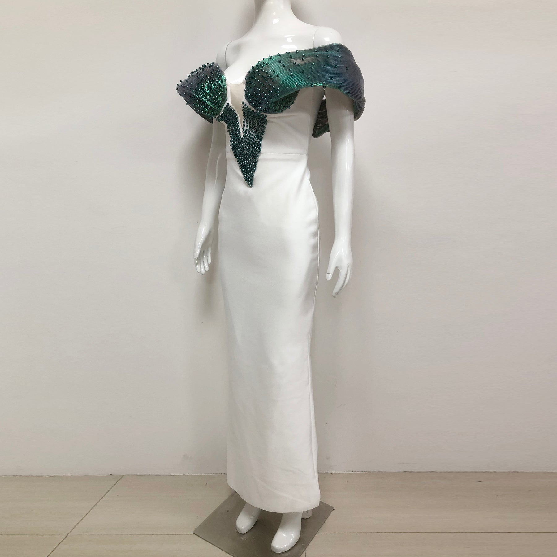 OFF-SHOULDER PEARL BODYCON MAXI DRESS GREEN