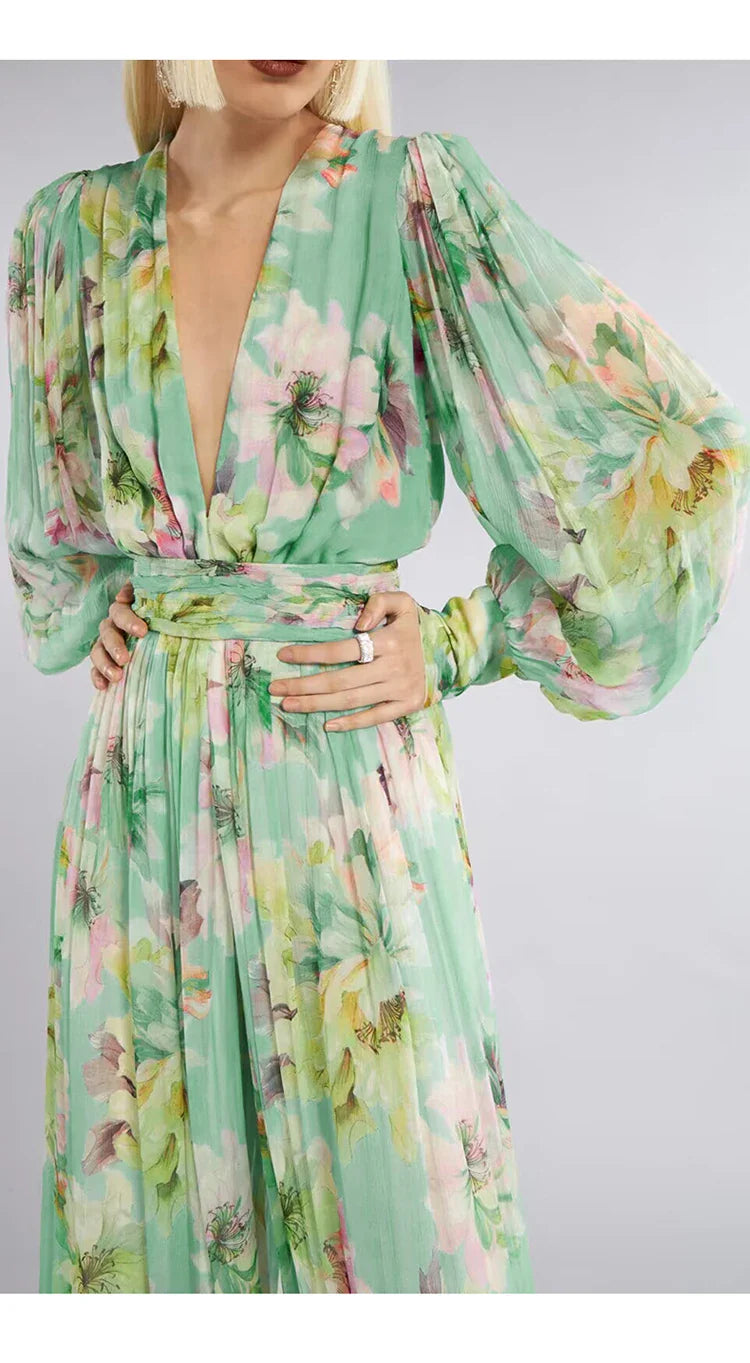 V-NECK FLORAL CHIFFON MAXI DRESS GREEN