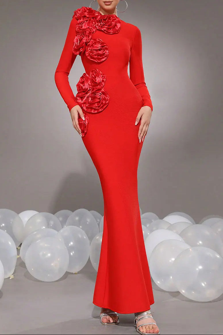 SALLY 3D FLOWER BANDAGE MAXI DRESS RED