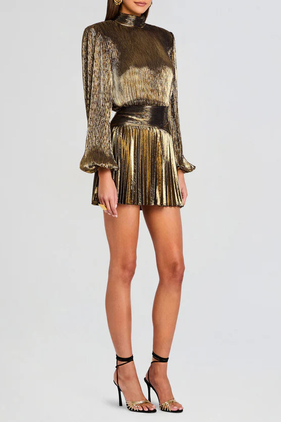 NANCY GOLD LANTERN SLEEVE PLEATED MINI DRESS