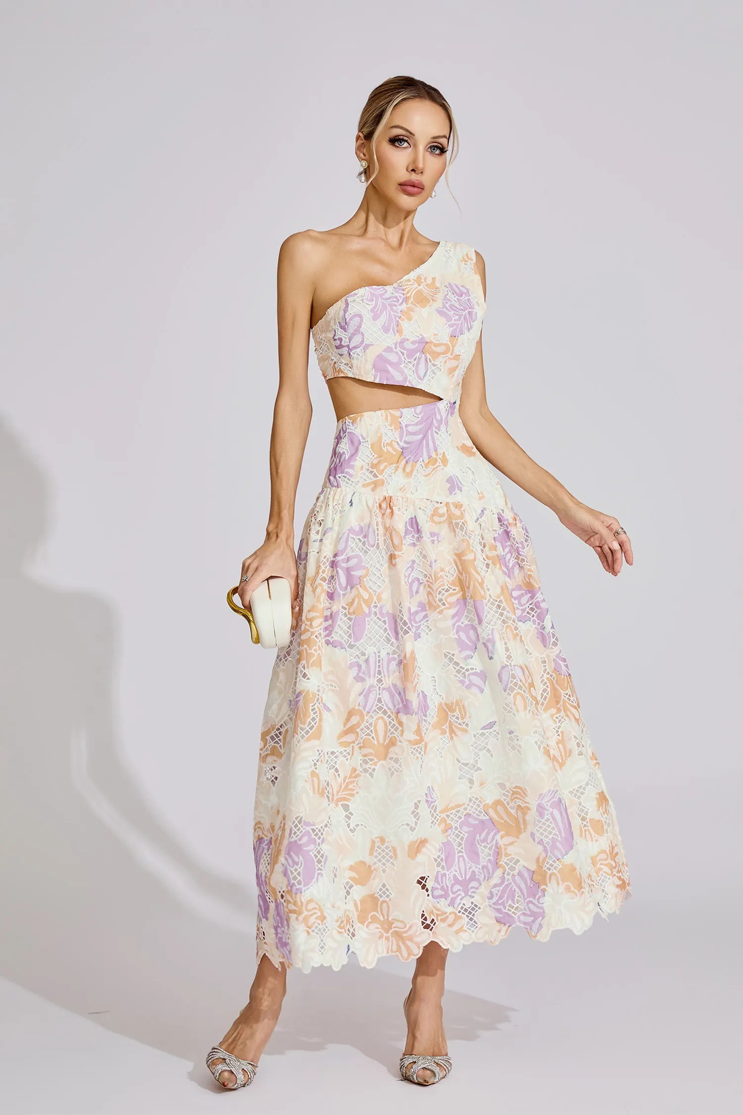 YELLOW ONE-SHOULDER FLORAL PRINT CUTOUT MAXI DRESS