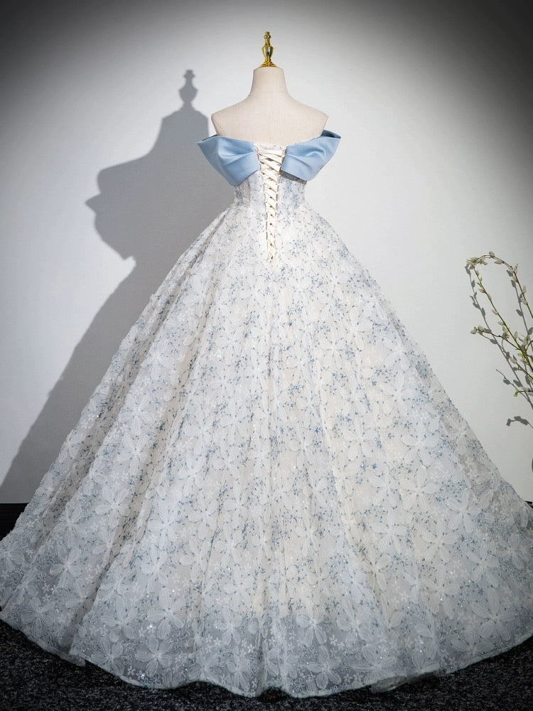 A-LINE OFF-SHOULDER TULLE LACE BLUE COCKTAIL DRESS