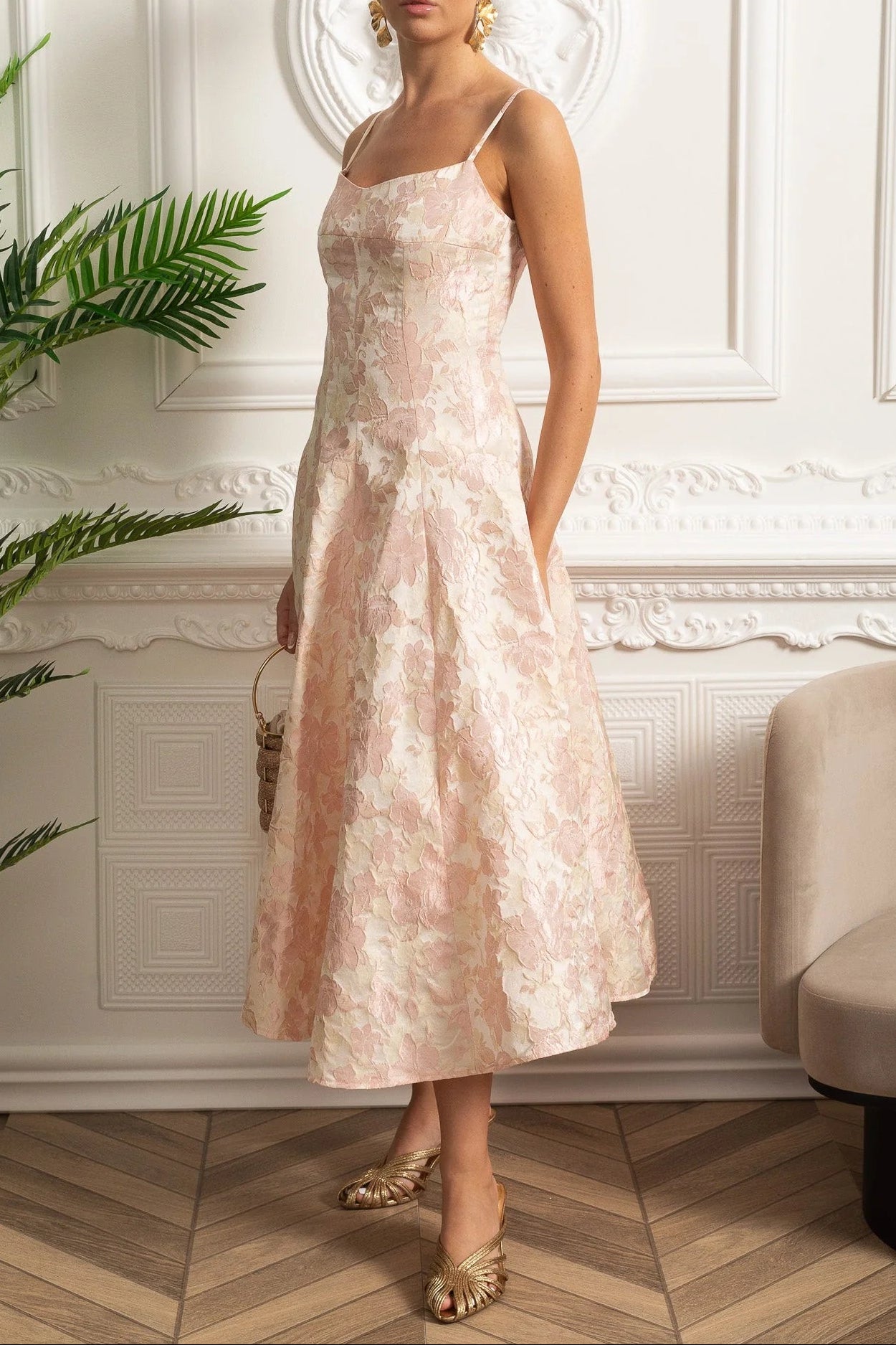 LAUREN FLORAL JACQUARD MIDI DRESS - BLUSH PINK