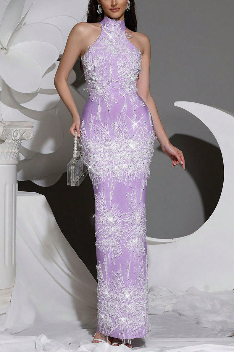 VIOLET PANDORA BEADED TASSEL SEQUIN MAXI DRESS