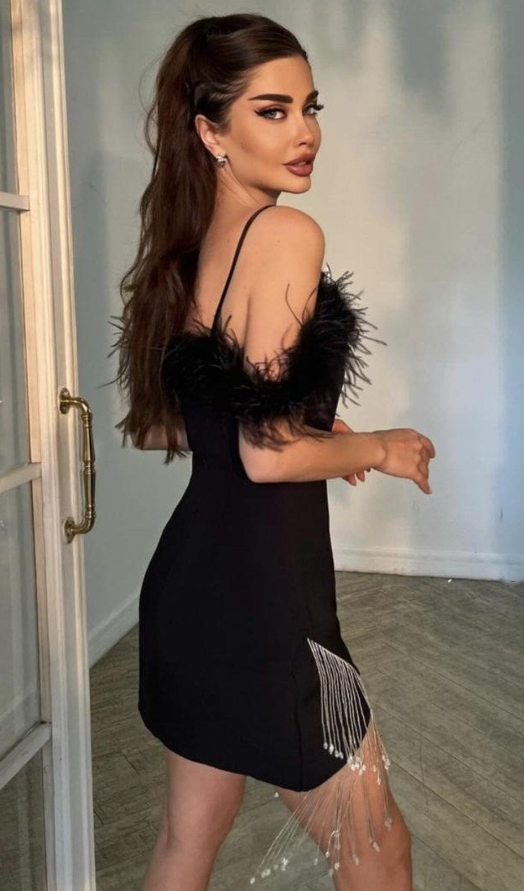FEATHER STRAP DIAMOND CHAIN MINI DRESS BLACK