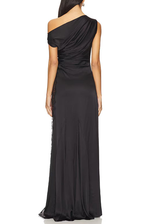 ELEGANT BLACK ASYMMETRICAL PLEATED MAXI DRESS WITH LACE SIDE SLIT