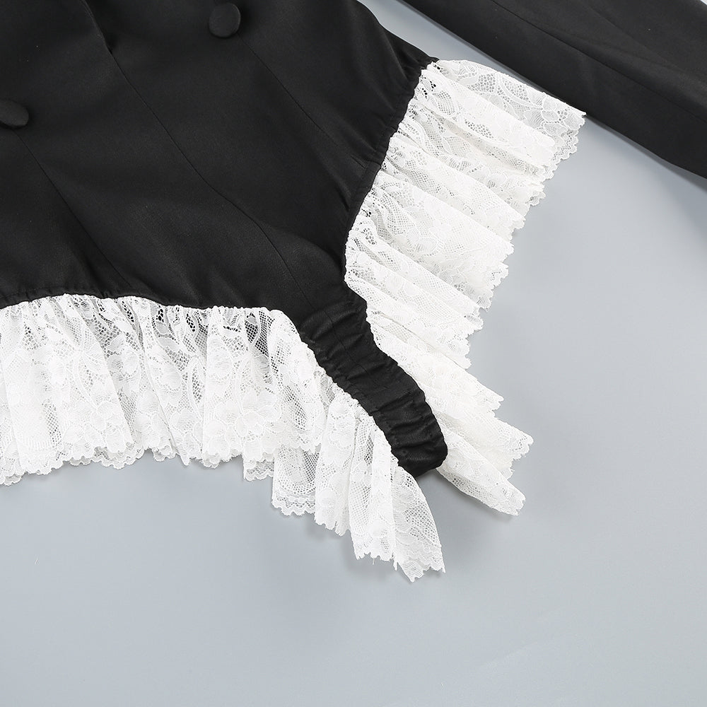 V-NECK LACE BLAZER JUMPSUIT, BLACK EVENING