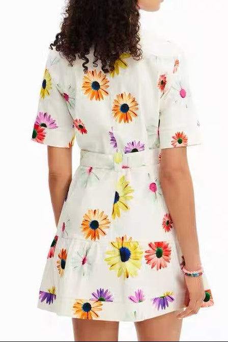 WHITE MULTI DAISY PRINT SHIRT DRESS WITH BELT