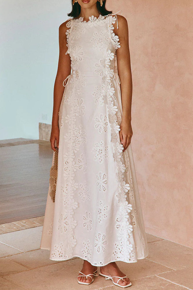 LACE MIDI DRESS: EMBROIDERED HOLLOW WHITE WEDDING