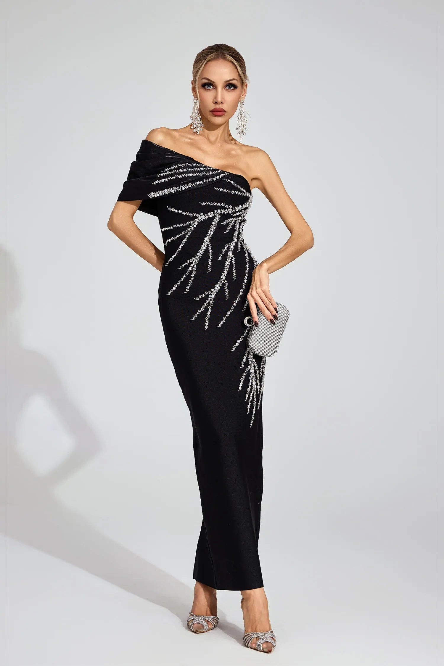 XAVIERA BLACK BANDAGE STRAPLESS MAXI DRESS