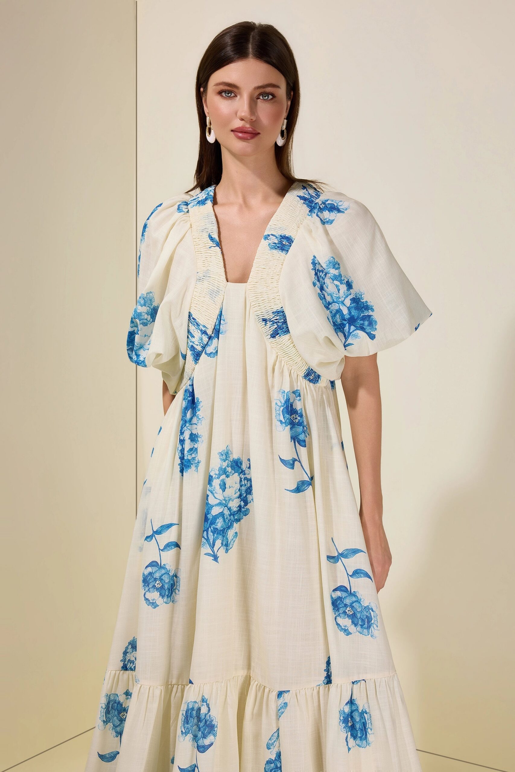 SUSIE SMOCKED PUFF SLEEVE MIDI DRESS - BLUE COCKTAIL