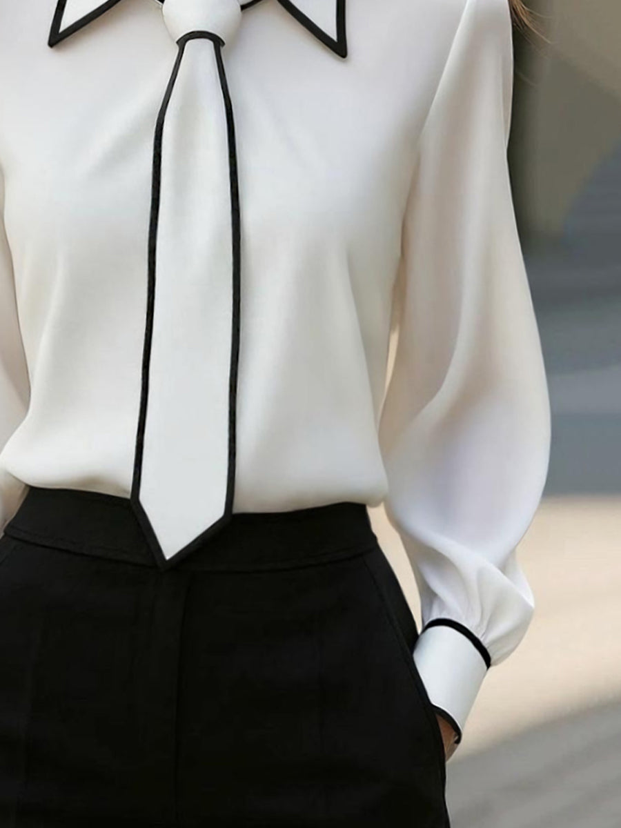 CHIC CONTRAST TRIM TIE BLOUSE FOR WORK