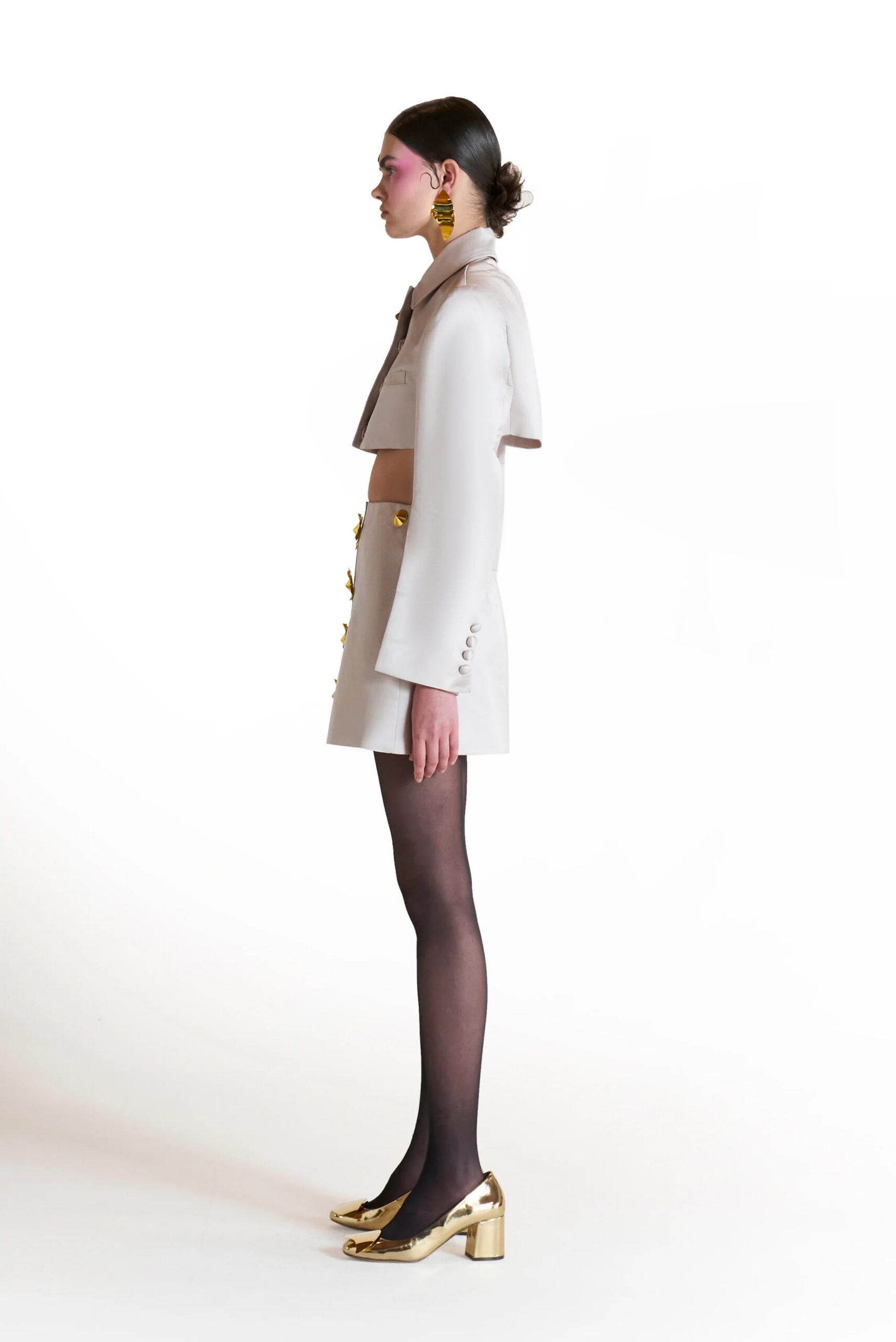 ODELETTE BEIGE BLAZER SKIRT SET, METAL BUTTONS, OFFICE WEAR