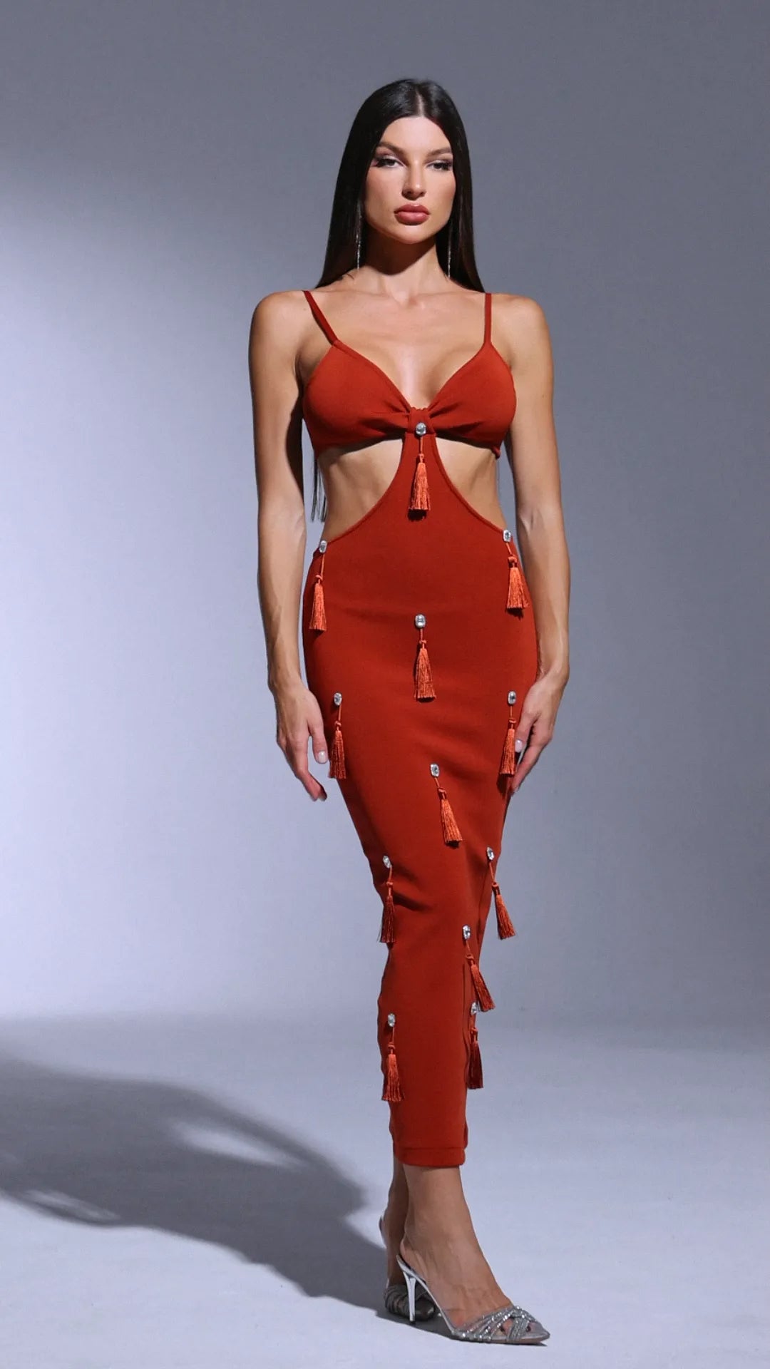 DEEP-V RED BANDAGE MAXI DRESS WITH TASSELS