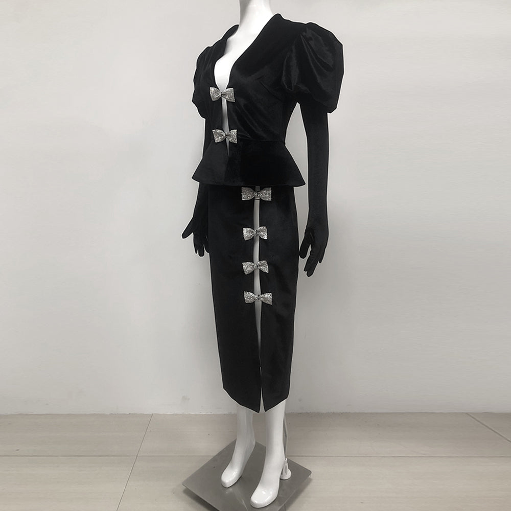 VICTORIA CUT-OUT BOW MINI DRESS SET BLACK