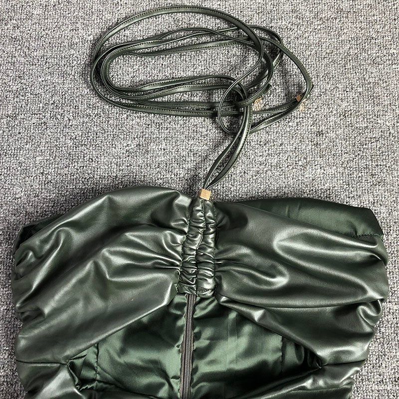GREEN BACKLESS PLEATED DRESS, BARE BACK, COCKTAIL