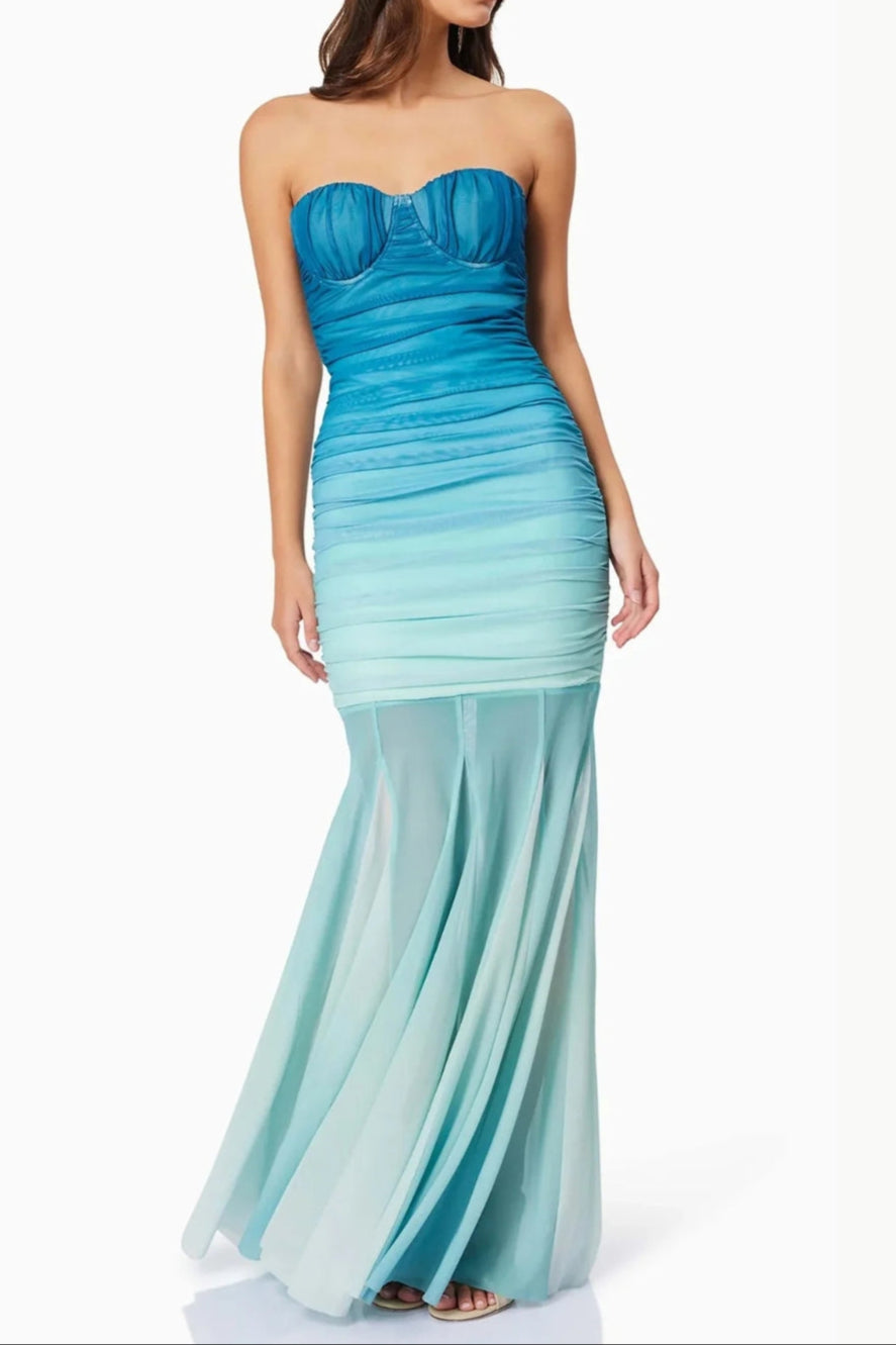 GRADIENT MESH SPLICING BODYCON STRAPLESS MAXI DRESS BLUE