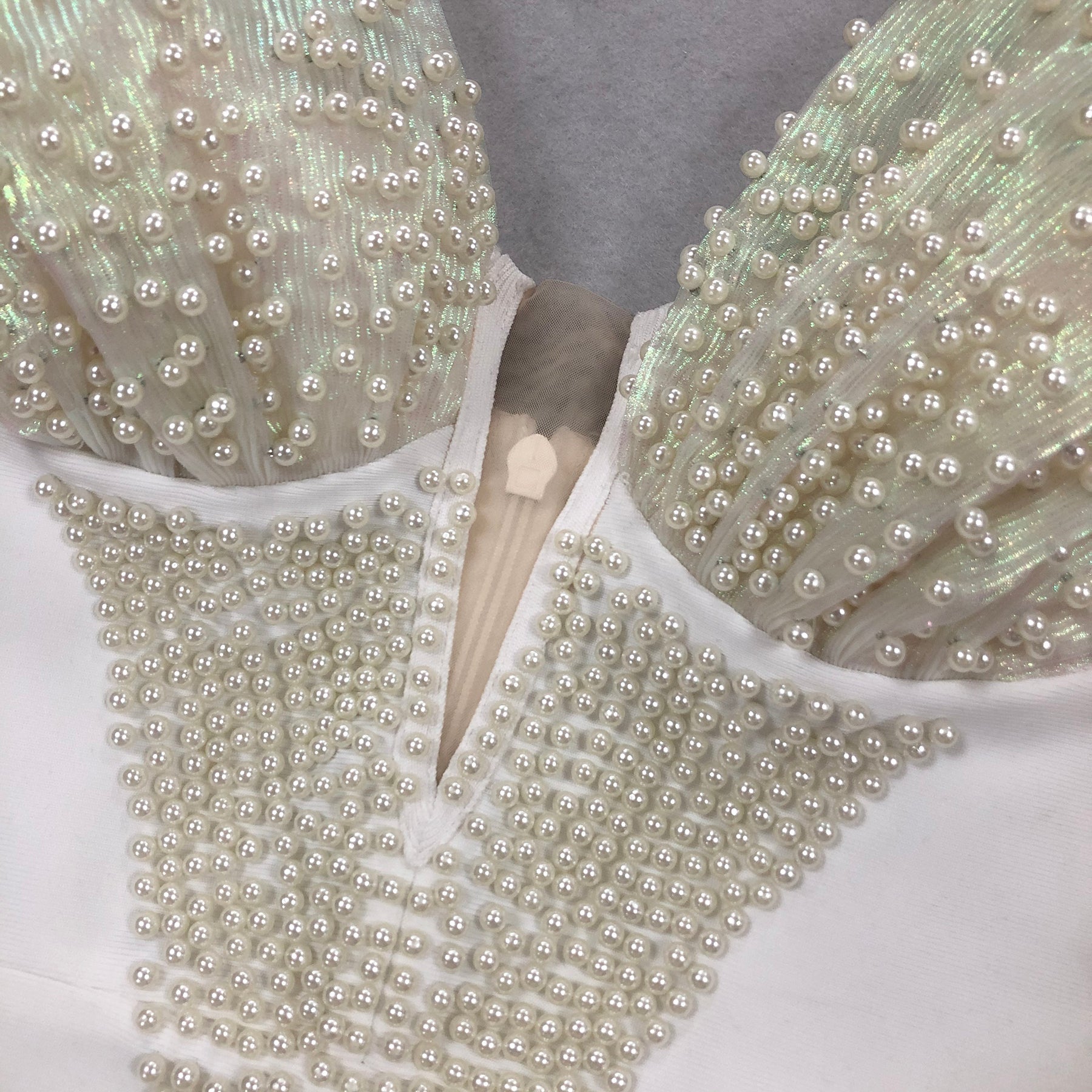 OFF-SHOULDER PEARL BODYCON MAXI DRESS WHITE