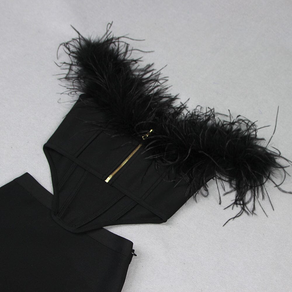 FEATHER OFF-SHOULDER MERMAID MAXI DRESS IN BLACK