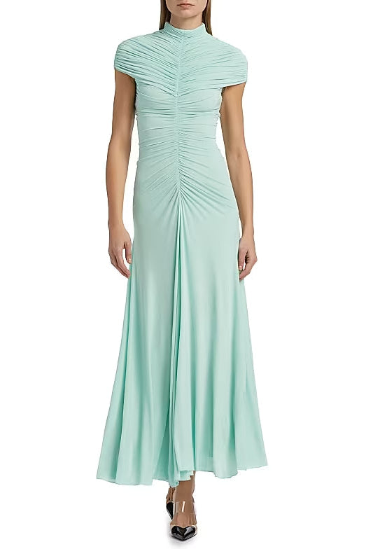 ca2d10b7-d675-4b7d-99fd-e4c8b49f2c16 LILLIAN GATHERED HIGH-NECK MAXI DRESS IN GREEN