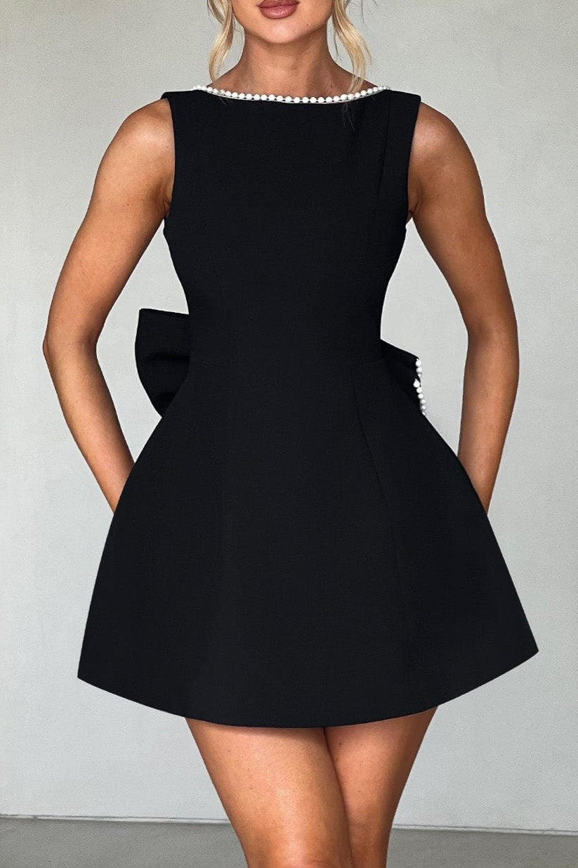 TRISTA BOWKNOT PEARL BACKLESS MINI DRESS BLACK