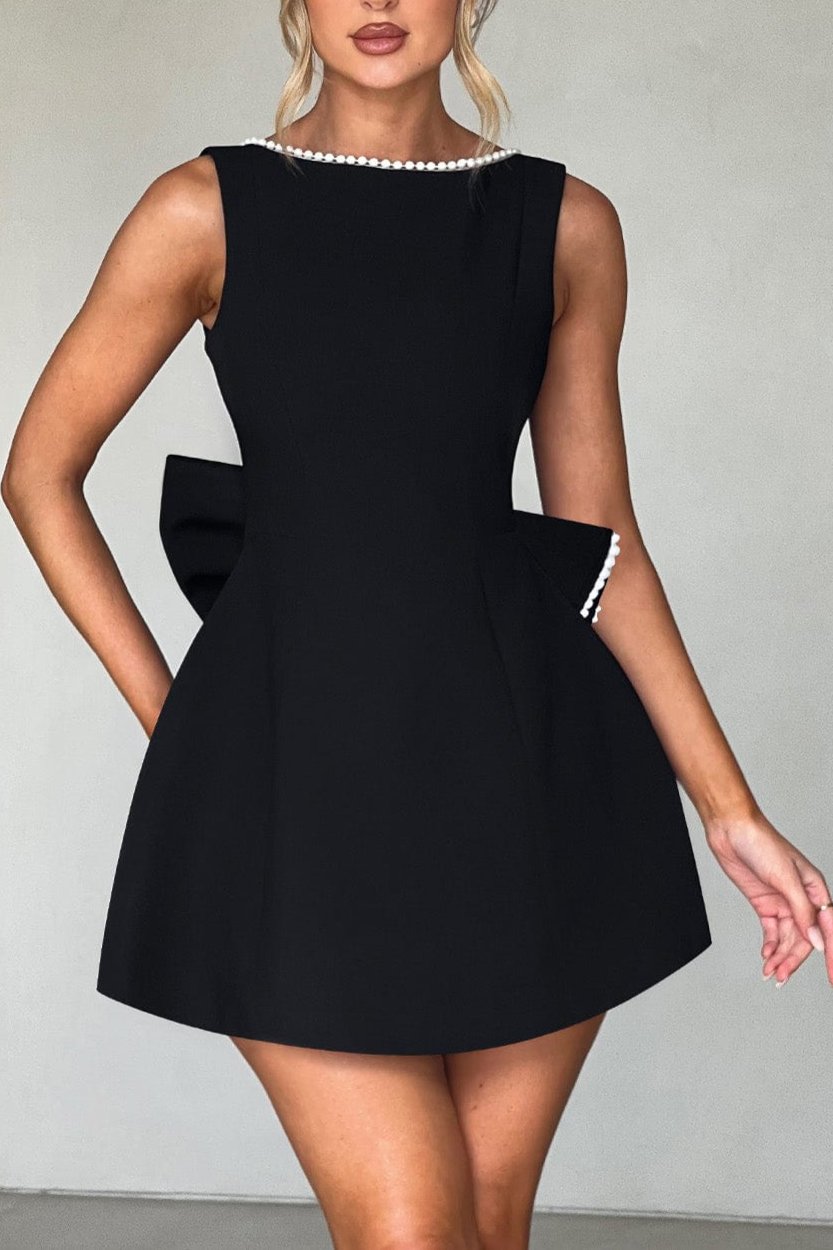 TRISTA BOWKNOT PEARL BACKLESS MINI DRESS BLACK