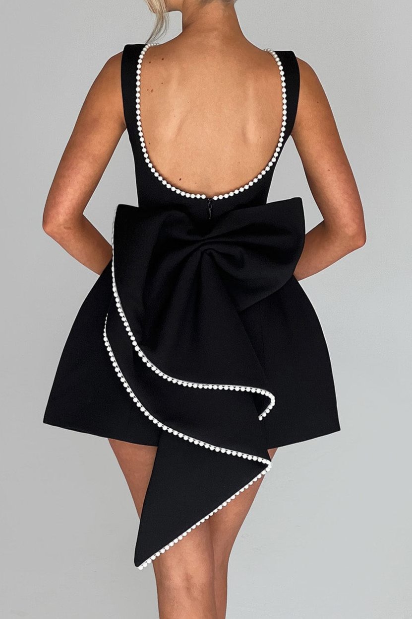 TRISTA BOWKNOT PEARL BACKLESS MINI DRESS BLACK