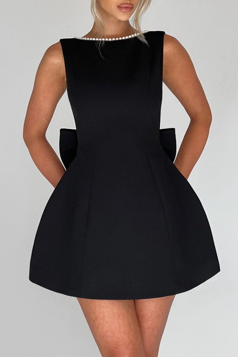 TRISTA BOWKNOT PEARL BACKLESS MINI DRESS BLACK