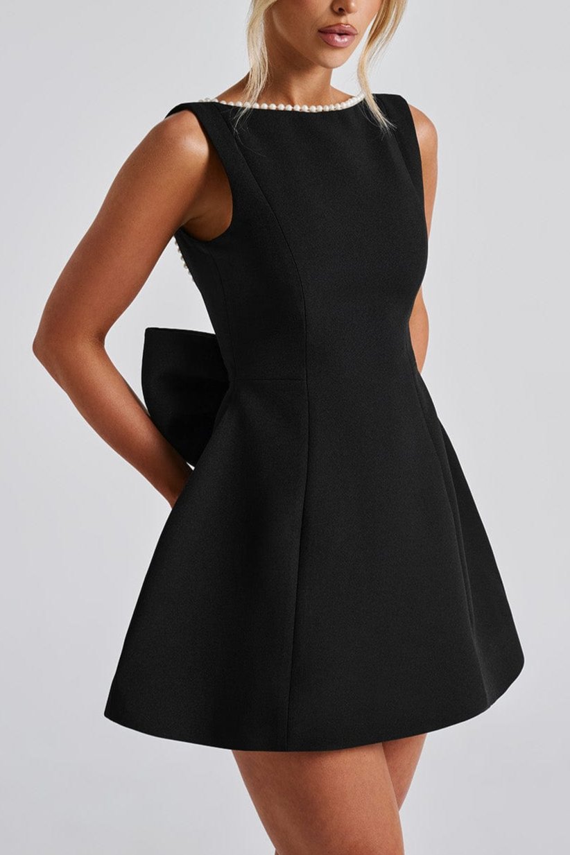 TRISTA BOWKNOT PEARL BACKLESS MINI DRESS BLACK
