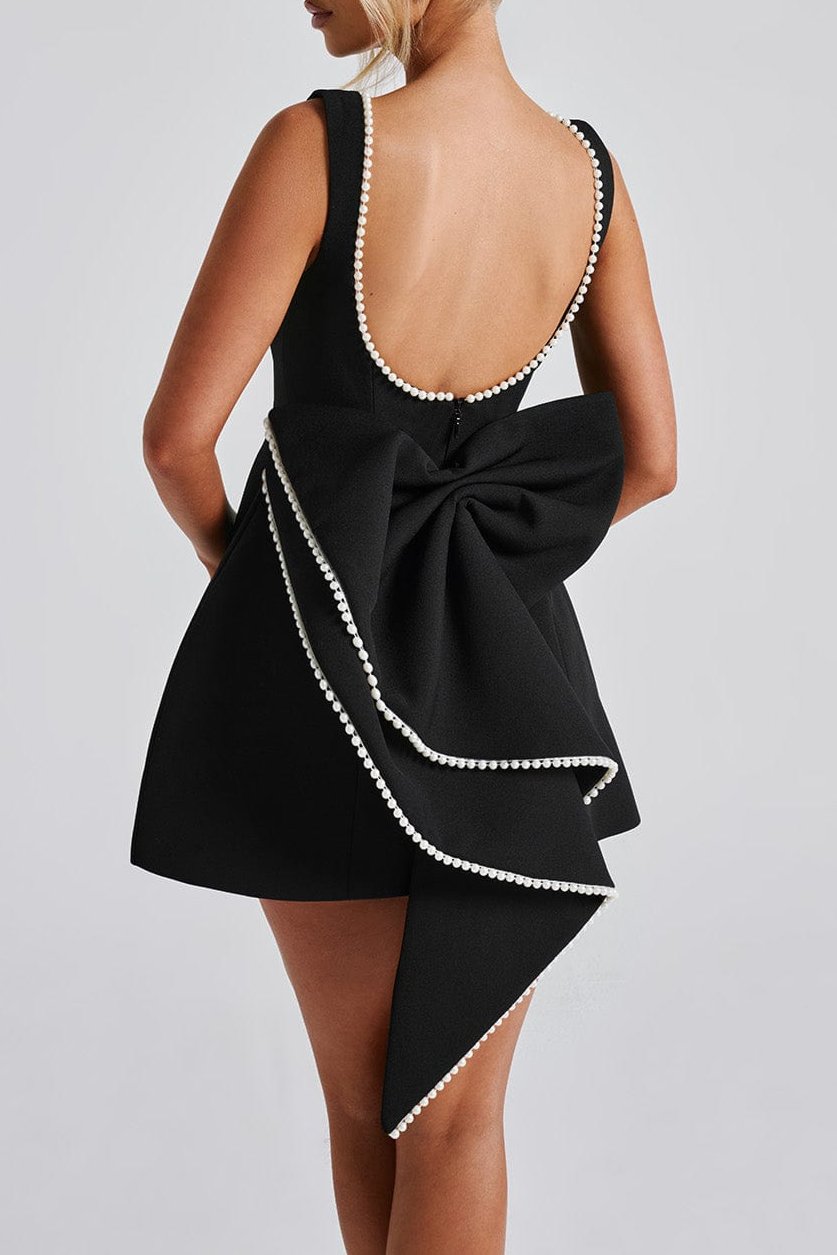 TRISTA BOWKNOT PEARL BACKLESS MINI DRESS BLACK