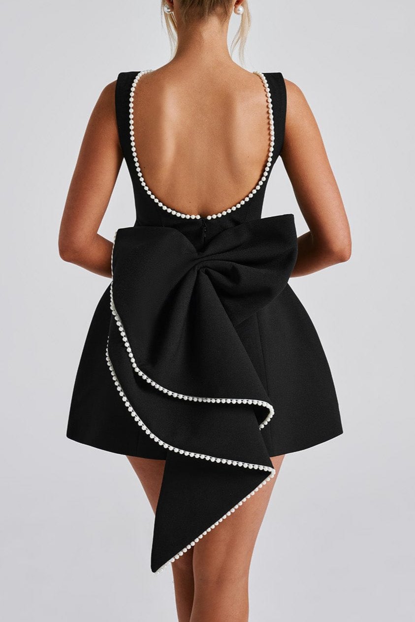 TRISTA BOWKNOT PEARL BACKLESS MINI DRESS BLACK
