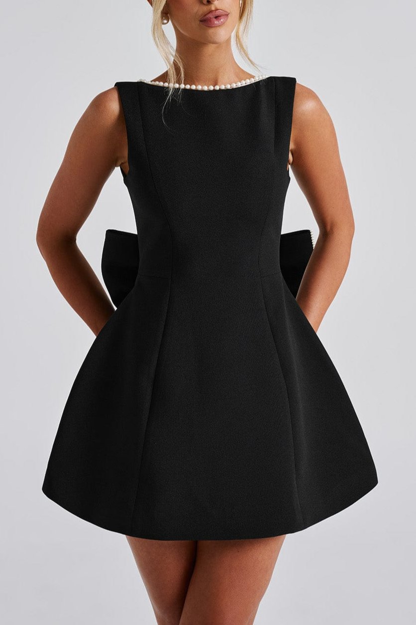 TRISTA BOWKNOT PEARL BACKLESS MINI DRESS BLACK