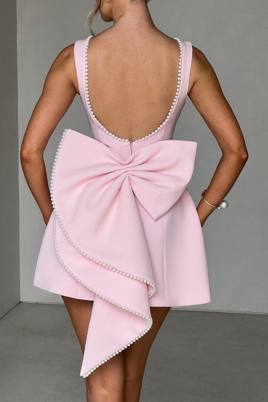 TRISTA BOWKNOT PEARL BACKLESS MINI DRESS PINK