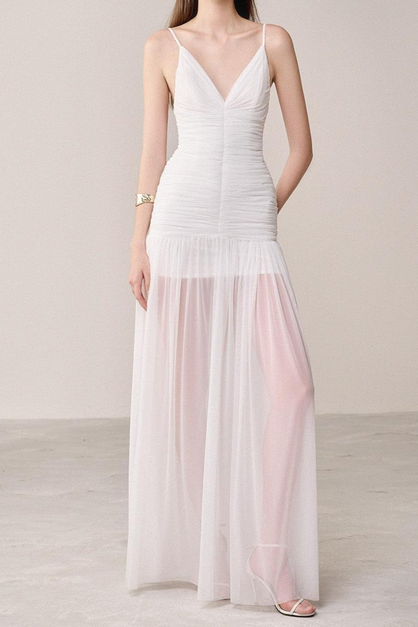 BELEN WHITE ORGANZA MAXI DRESS, SPAGHETTI STRAP DROP WAIST