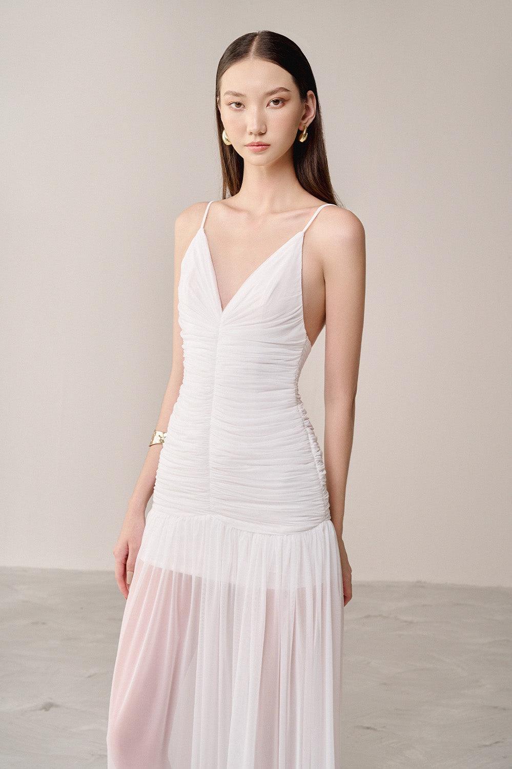 BELEN WHITE ORGANZA MAXI DRESS, SPAGHETTI STRAP DROP WAIST