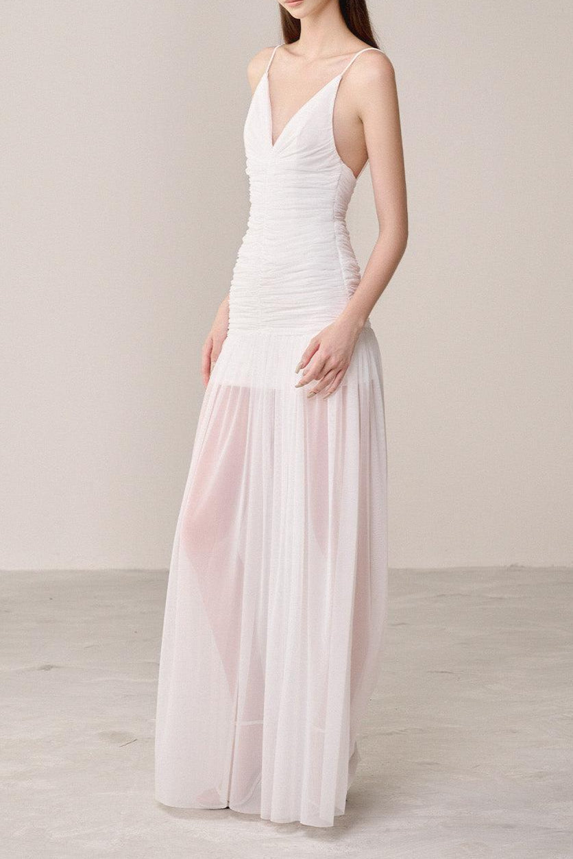 BELEN WHITE ORGANZA MAXI DRESS, SPAGHETTI STRAP DROP WAIST